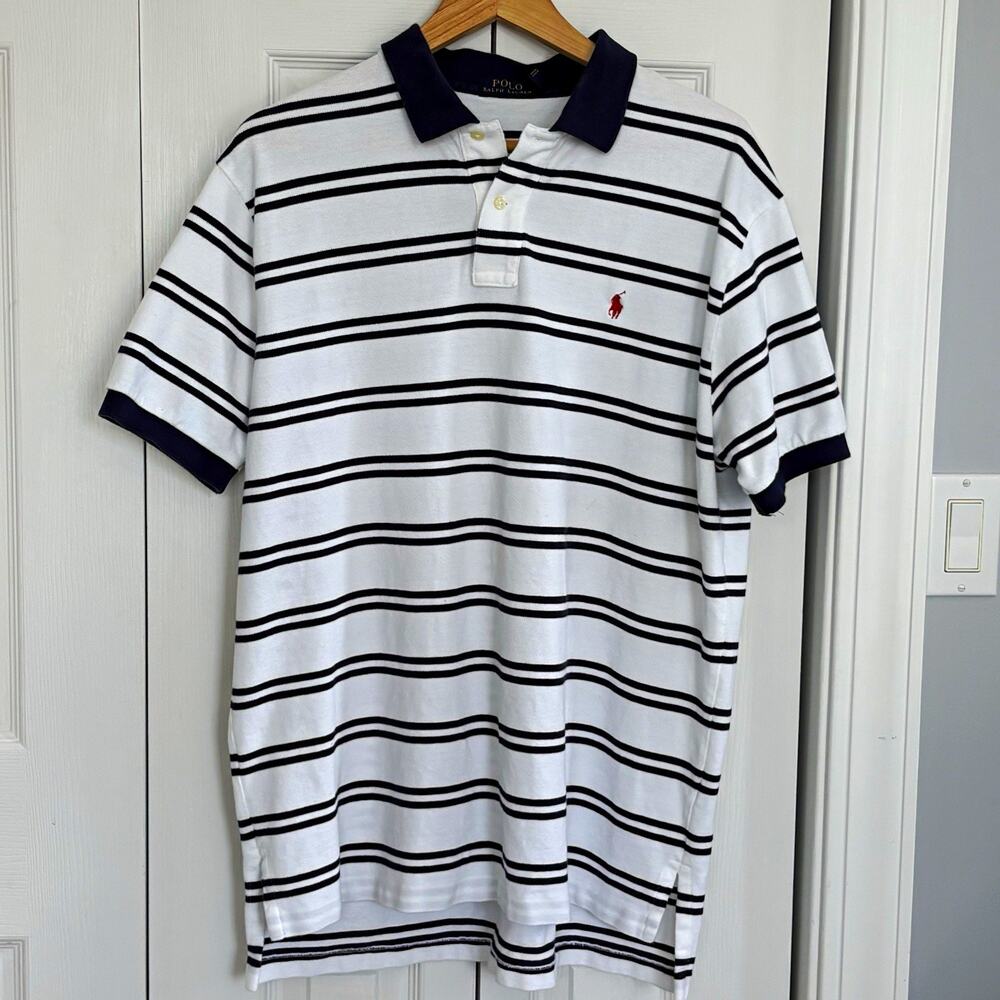 Polo Ralph Lauren Men’s XL White/Navy Striped Short Sleeve Cotton Polo Golf Pony